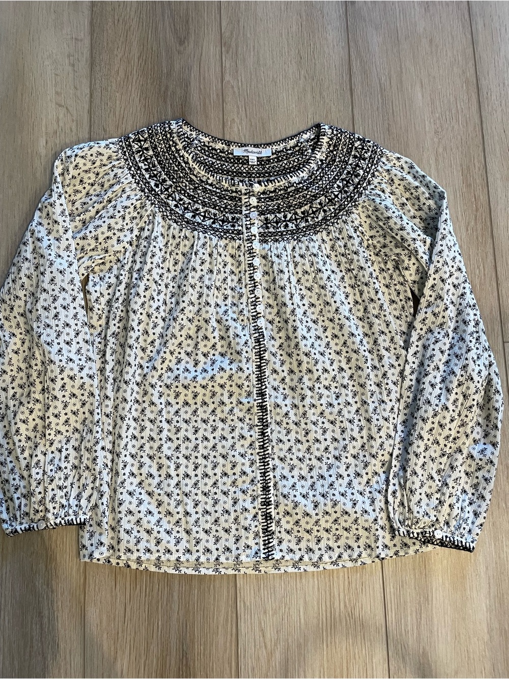 NWOT Madewell Boho Embroidered White/Black Floral Peasant Top